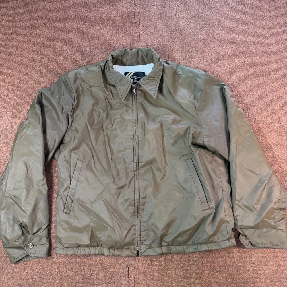 A+ Vintage Sears Mens Olive Green Zip Up Windbreaker Jacket Fleece Lined Large